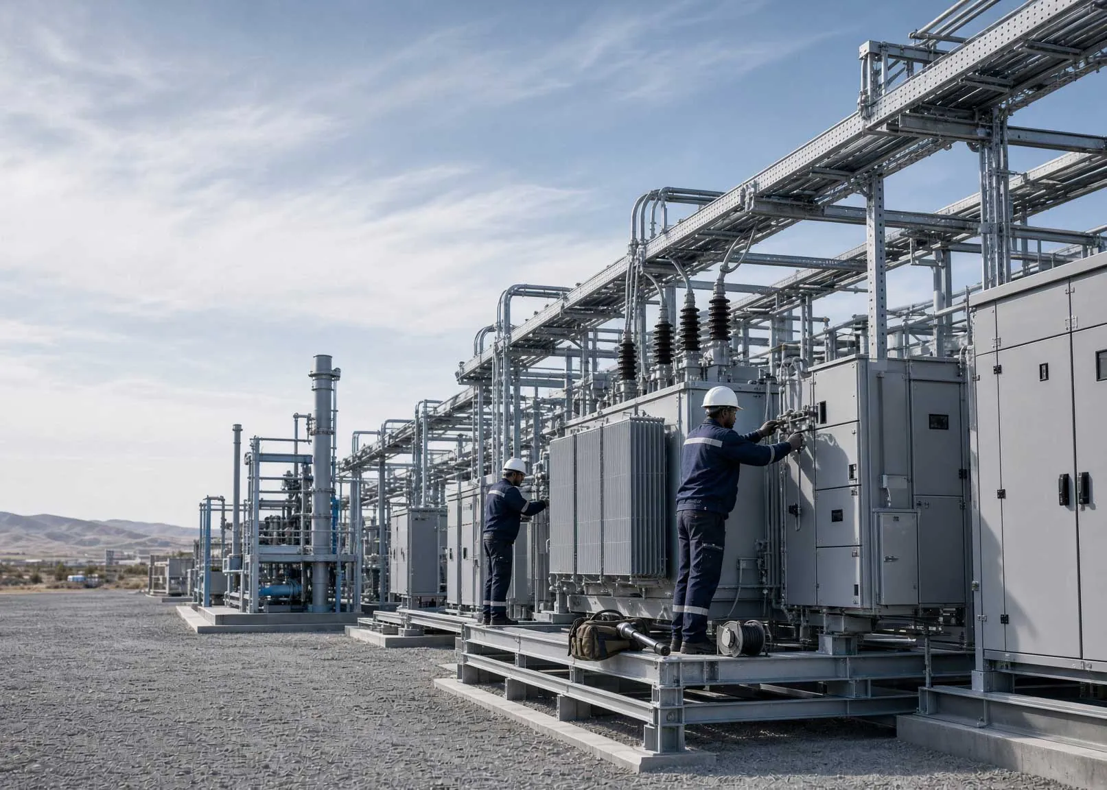 Técnicos eléctricos acondicionando transformadores y tableros en una facilidad de pozos de nueva generación