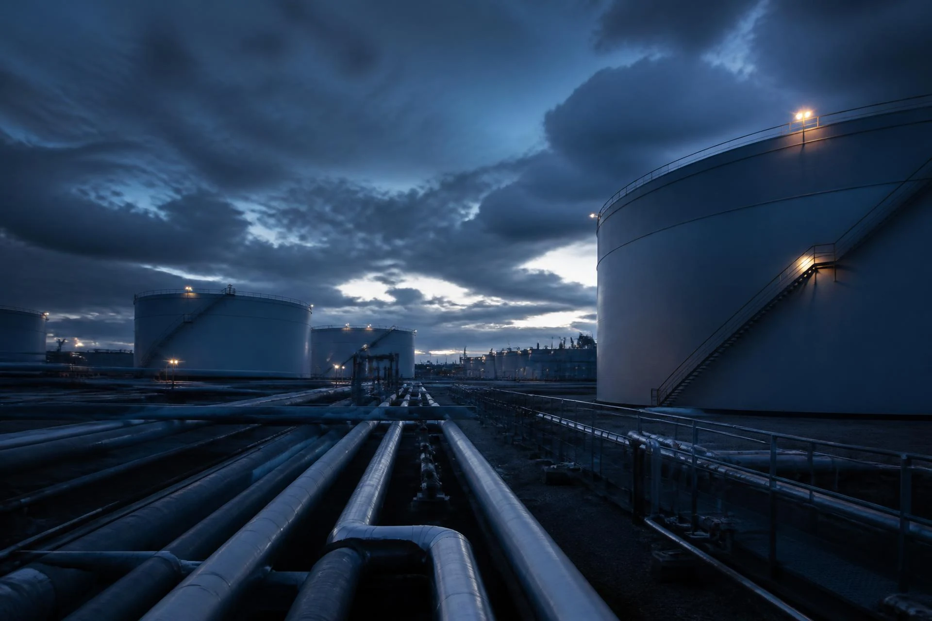 Tanques de almacenamiento y tuberías industriales al atardecer