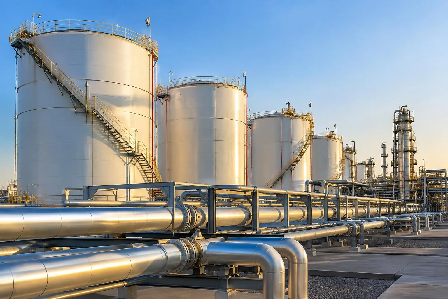 Tanques de almacenamiento e infraestructura de tuberías en una instalación petroquímica