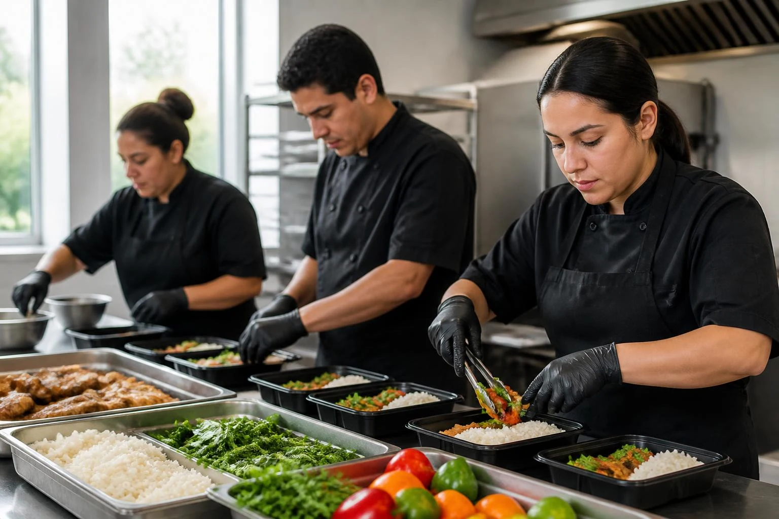 Trabajadores de cocina empacando comidas preparadas en una cocina de catering industrial limpia