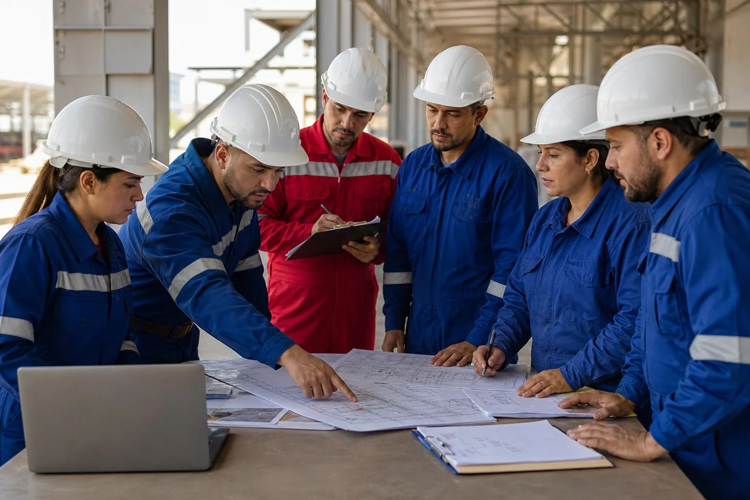 Equipo de ingeniería industrial revisando planos y dibujos técnicos en obra